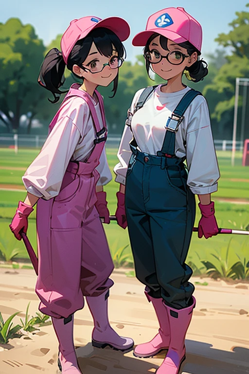 A pair of girls with glasses and black hair tied up, wearing blue long-sleeved overalls and baseball caps, working in the fields while smiling and wearing large pink rubber gloves and white rubber boots