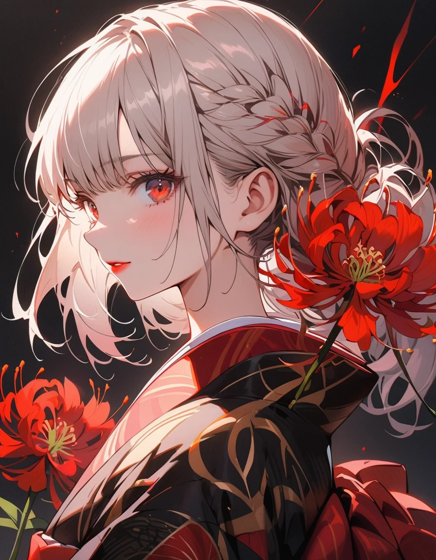 Girl in kimono, White medium hair, Red eyes, Red lips, A kimono with a red spider lily on a black background, Red splash pattern on a black background, super high quality, Ultra-fine detail, Very thin handle