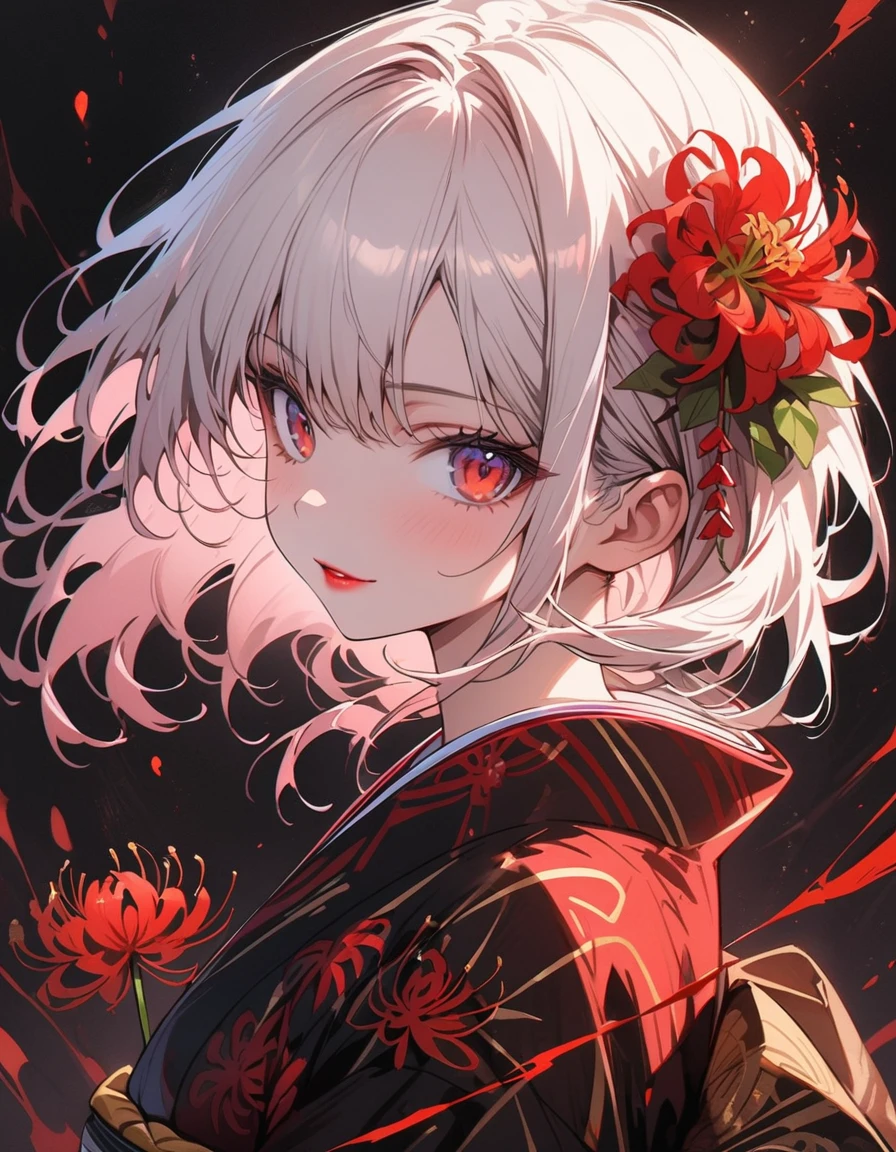 Girl in kimono, White medium hair, Red eyes, Red lips, A kimono with a red spider lily on a black background, Red splash pattern on a black background, super high quality, Ultra-fine detail, Very thin handle
