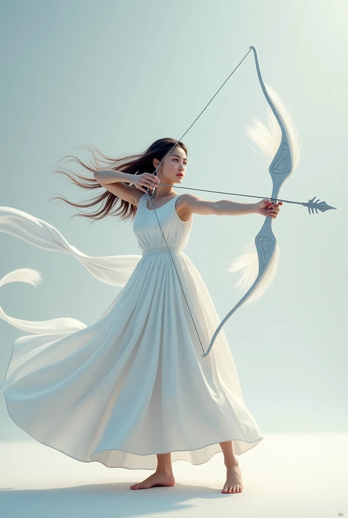 The bow is modern, white, and agile, suitable for women. The arrows are white and have the power of the wind.