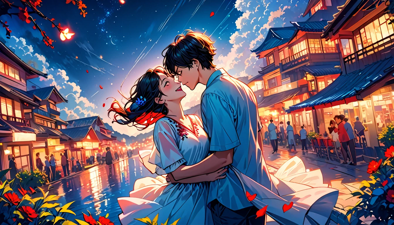 (Highest quality,Very detailed,Realistic:1.37),humor,Comic book style,Bold,Vibrant colors, Close to cool colors,Desaturate,Beautiful night view, A girl and a boy, Fun couple, Laughter, floating love,