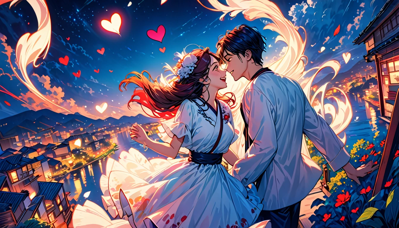 (Highest quality,Very detailed,Realistic:1.37),humor,Comic book style,Bold,Vibrant colors, Close to cool colors,Desaturate,Beautiful night view, A girl and a boy, Fun couple, Laughter, floating love,