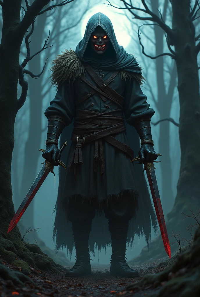 Realistic image of scary bloodthirsty warrior in a night in forest with a macabre smile holding 2 swords in medieval clothes