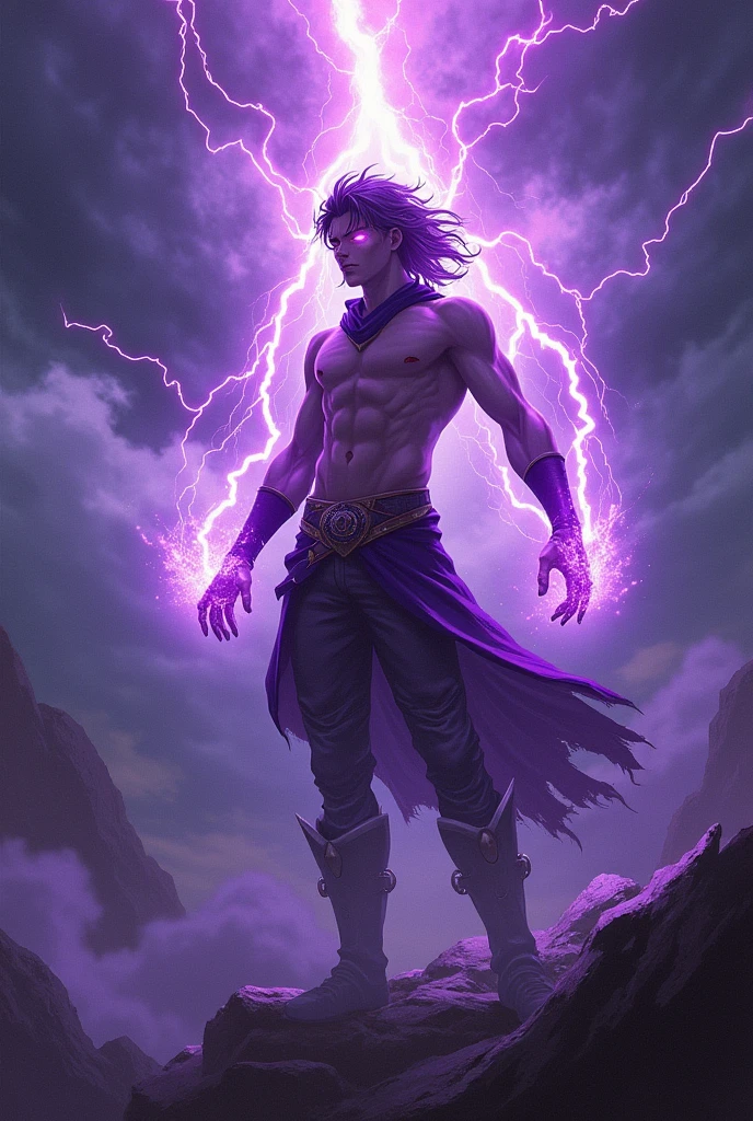 Imagine Mare Barrow with an intense expression, manipulating purple rays that twist and intertwine around him. Your eyes can shine with a furious light, reflecting your strength and power. The storm must have a dramatic aura, with dark clouds and pulsating electricity. Delve into the details of lightning and shadows to create a truly impactful atmosphere.
