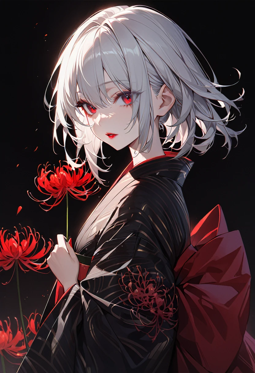 Girl in kimono, White medium hair, Red eyes, Red lips, A kimono with a red spider lily on a black background, Red splash pattern on a black background, super high quality, Ultra-fine detail, Very thin handle