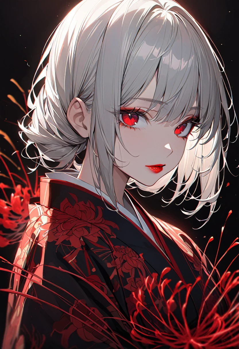 Girl in kimono, White medium hair, Red eyes, Red lips, A kimono with a red spider lily on a black background, Red splash pattern on a black background, super high quality, Ultra-fine detail, Very thin handle