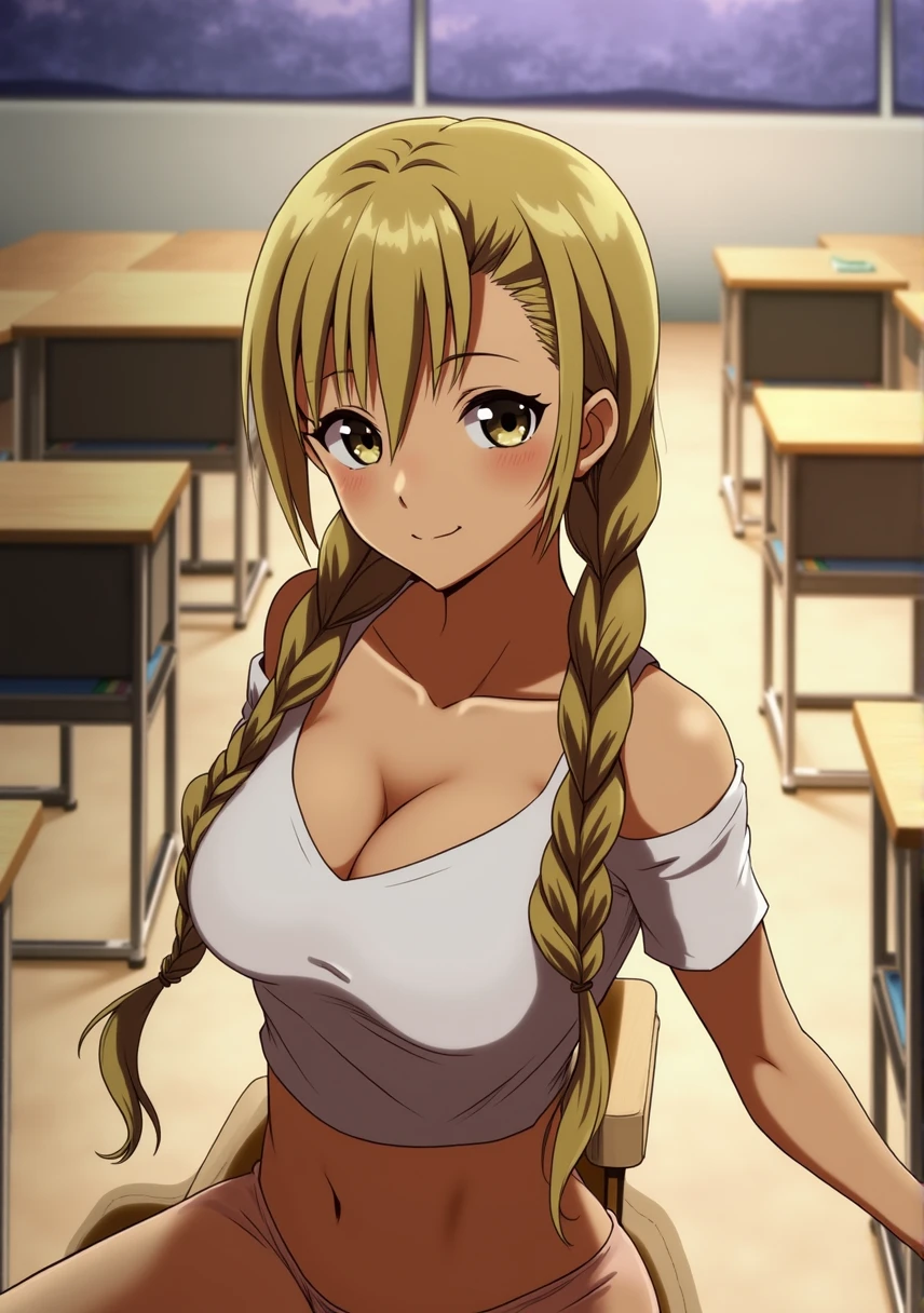 (Best quality,Realist),Girly Face,20 years,(Practical,photo-Practical:1.37),1 Girl,Beautiful young girl,,whole body,With a cute face and light eyes. Her long blond hair was tied into two cute little braids, Makes her look young and lively. She has natural beauty，Exudes a pure feeling. The focus of the image is the girl&#39;s facial expression, Capture her charm and charisma，White girl with twin ponytails，Sweet smile，(((sit在大学教室的座位上))，Wear a sexy short skirt，Overlooking，Big breasts， Wearing sexy clothes, Big Ass, 照片由whole body拍摄, sit，University Classroom Background
