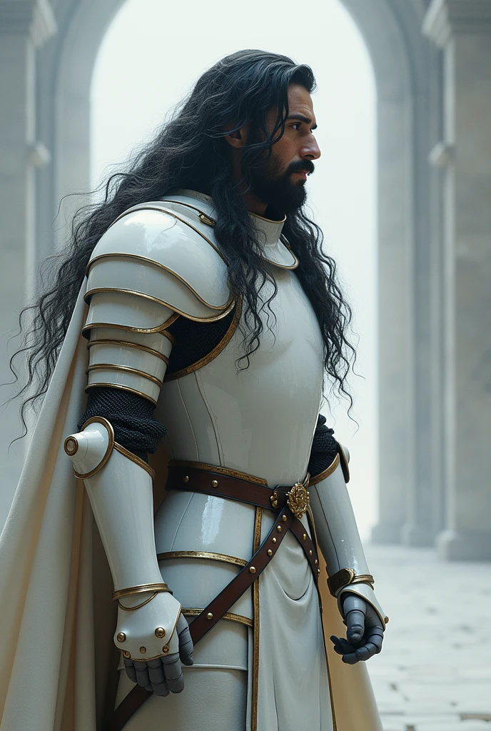 A holy knight, white and imposing armor, long black hair 