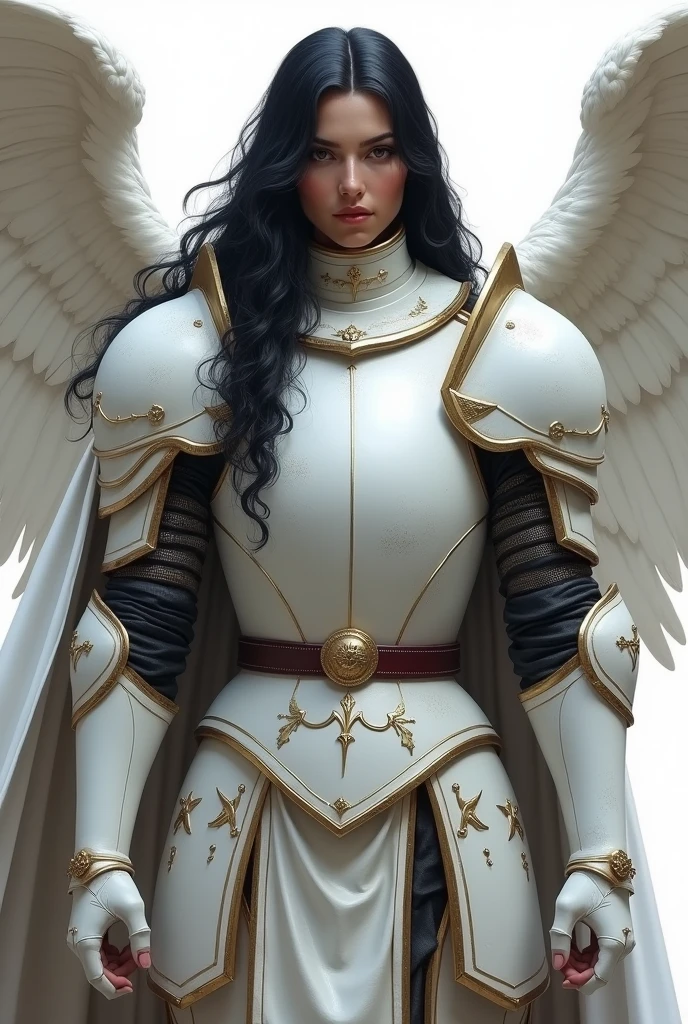 A holy knight, white and imposing armor, long black hair