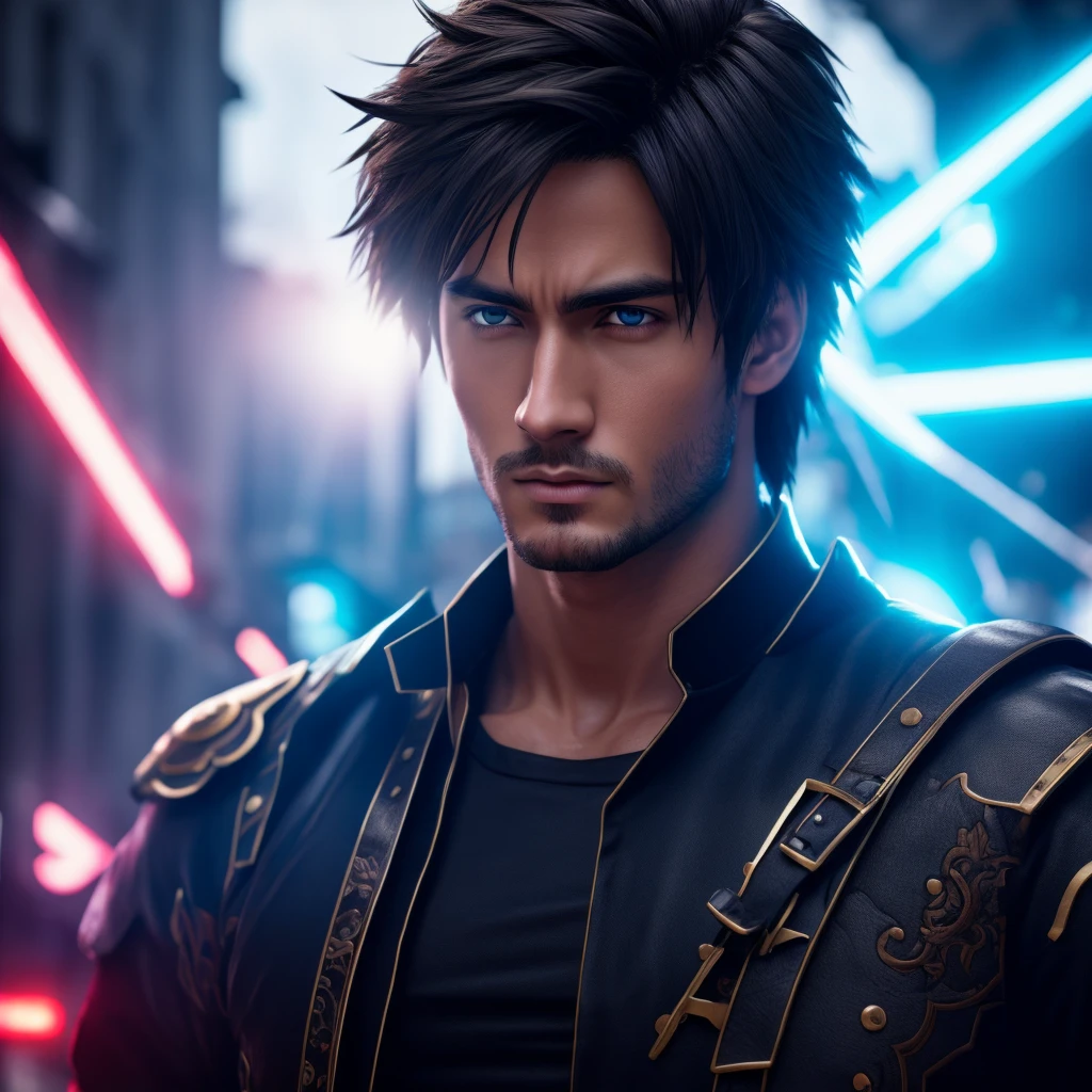 a badass anime male character with a sword and a blue eye, highly detailed, 8k, 4k anime wallpaper, handsome anime killer style, cinematic lighting, dramatic shadows, elegant pose, intricate character design, vivid colors, dynamic composition, photorealistic, masterpiece, (best quality, 4k, 8k, highres, masterpiece:1.2), ultra-detailed, (realistic, photorealistic, photo-realistic:1.37)