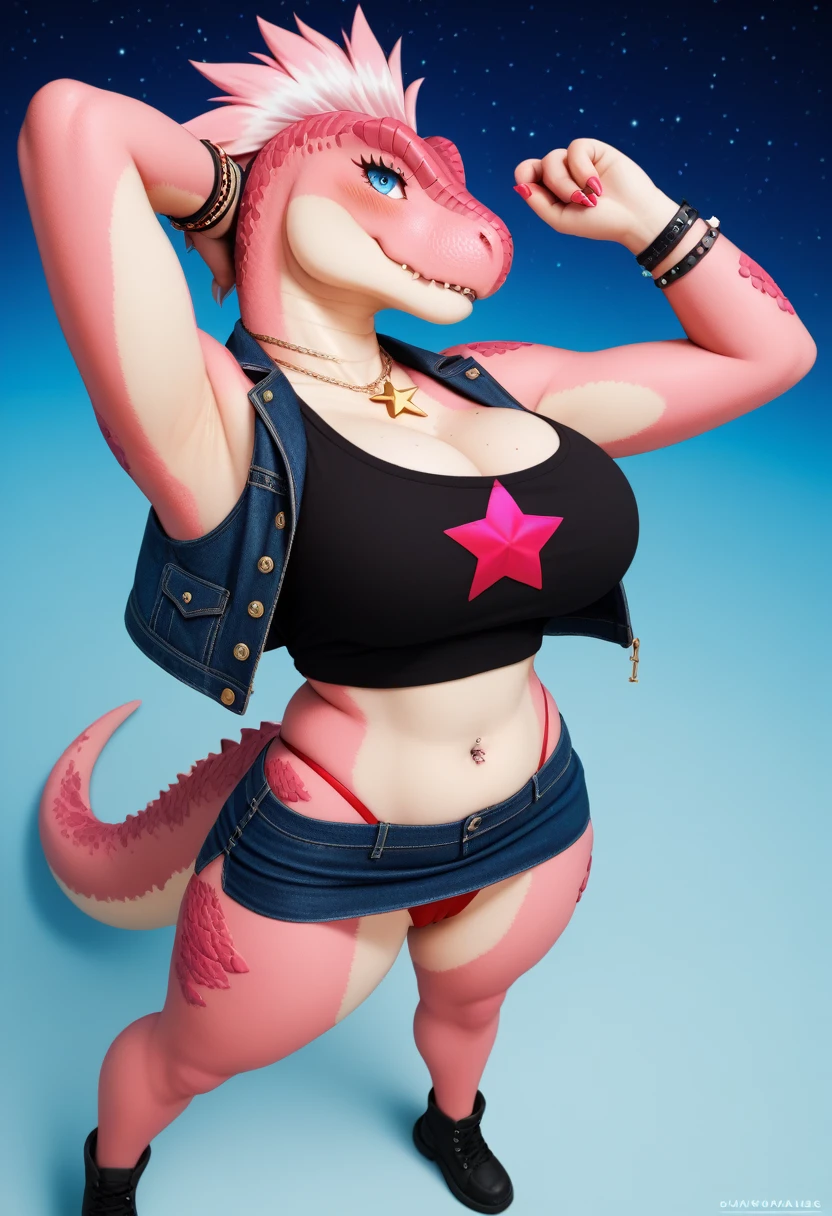 (master piece: 1.1), By aruurara, tyrannosaurus girl, 1girl, pink fur, star hair ornament, starry background, saint quartz \(fate\), 1girl, star necklace, mole, star earrings, animal, solo, navel, big breasts, big thick, freckles, pink hair, mole on breast, highleg, long tail, panties, cleavage, black mini skirt with pantie showing, red highleg panties, camel toe:1.6, navel piercing, sticker, scalie female, Short black Puffer Jacket/W Black Top Kitty, long arm sleeves, body scales, furry, tank top, smile, blush, pencil drawing style, cross hatching texture shadows, full body view, random poses, fashion pose, dynamic Pose, dynamic view, Mythology Go, street style pose, random dynamic angle view