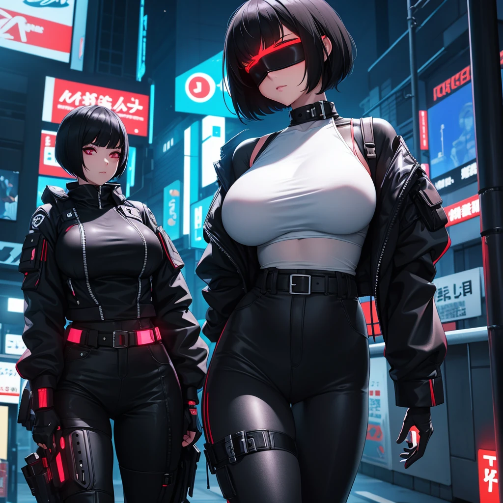 Short black haired android girl with huge breasts blindfolded light skin cyberpunk style at night in japan 