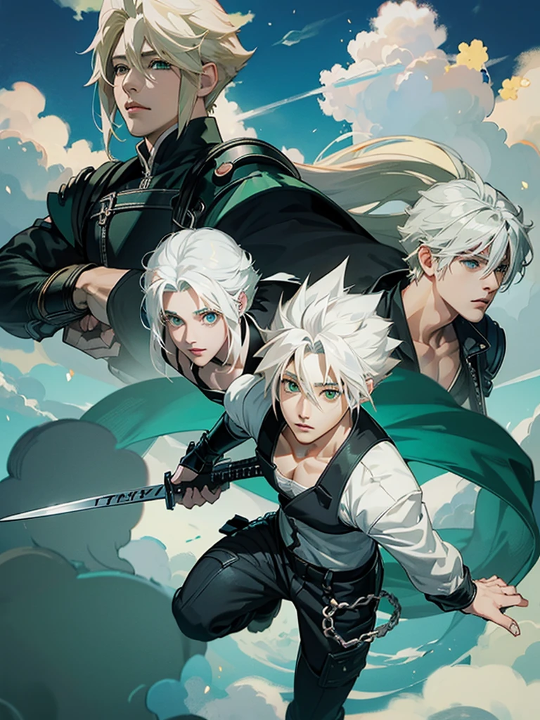 ((Cloud Strife)), (White hair), (Green Eye), ((anime styling)), ((black jersey)), (green pants)