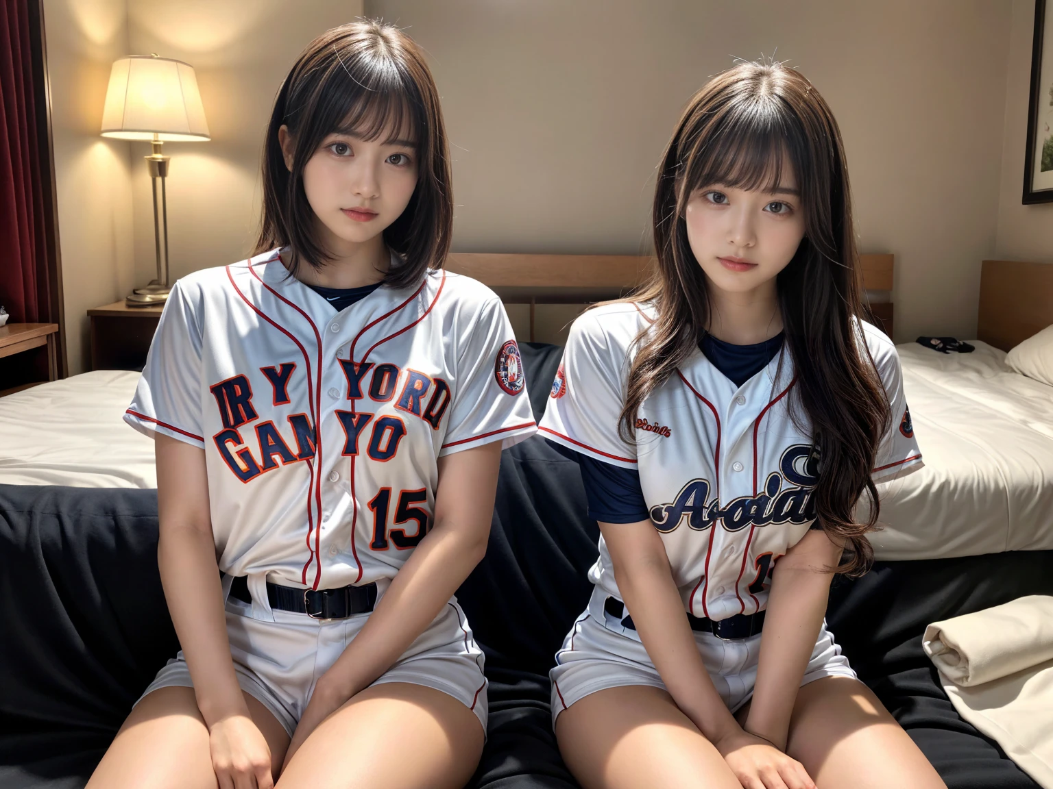 masterpiece, best quality, illustration, Super detailed, fine details, High resolution, 8K,wall paper, perfect dynamic composition,(Details High quality, realistic depiction of eyes:1.3), (2 girls), ((Baseball Uniforms), a miniskirt, Toned buttocks), sitting, open legs, short bob hair, in a hotel room in the background, deep on field, large breasts, black hair color, Big Natural Color Lip, (perfect body shape), crying a little、Harajuku style、20 year old girl、cute type、beautiful legs, Gravure Idol