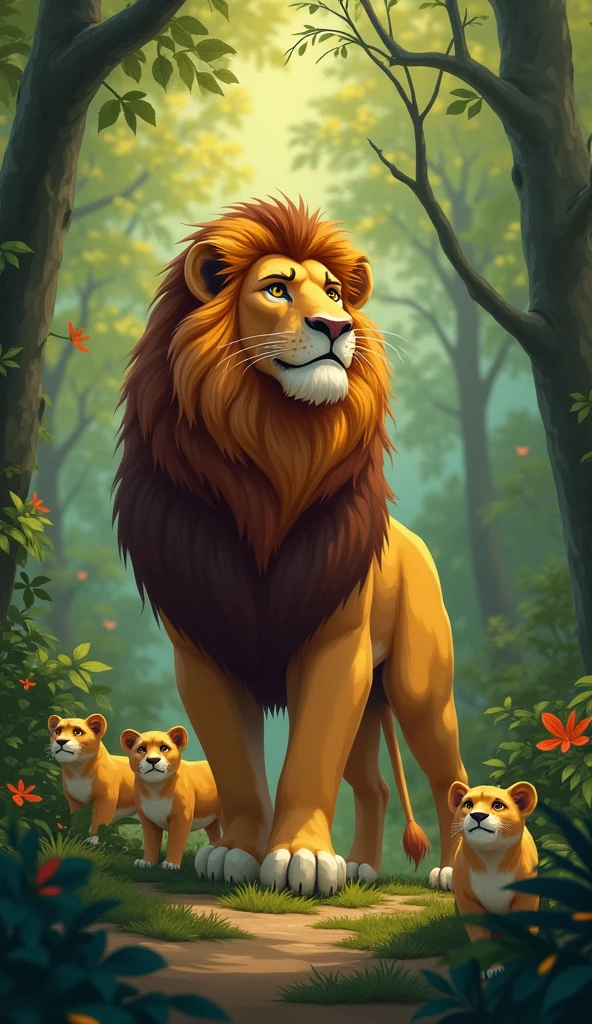 A Fábula do Leão e da greedy
Nas profundezas de uma floresta exuberante, there lived a lion named Leo, known for his strength and dedication to his family. Leo was a loving father and a devoted husband., always striving to ensure that his 04 puppies and his wife, greedy, lived in comfort and security.
Leo worked hard to hunt and provide food., and also did his best to teach his young to respect the values of the forest, like kindness and honesty. however, greedy não compartilhava do entusiasmo de Leo. She often criticized his efforts., believing that the material well-being of the family was more important than moral lessons.
A falta de apoio e amor de greedy começou a afetar profundamente Leo. He began to feel frustrated and discouraged.. His wife's constant criticism and lack of understanding began to weigh on him.. Leo became more impatient and, Sometimes, reacted harshly and impetuously. your puppies, who previously saw him as a model of wisdom and love, began to fear him. They didn't understand what was happening and were afraid to approach their father..
The pups noticed that Leo was changing, but they didn't know what was causing this transformation. They only saw the lion who was often angry and distant., and did not understand the depth of the emotional pain he was experiencing.
One day, seeing the growing distance between the father and the cubs, The wise owl, a family friend, decided to intervene. Ela conversou com greedy e explicou a situação: "greedy, Leo is suffering because he doesn't get the support he needs. He strives to keep the family together and, despite your criticism, he carries a very heavy weight. Your suffering has affected your behavior and, without your love and understanding, he has become someone his cubs fear."