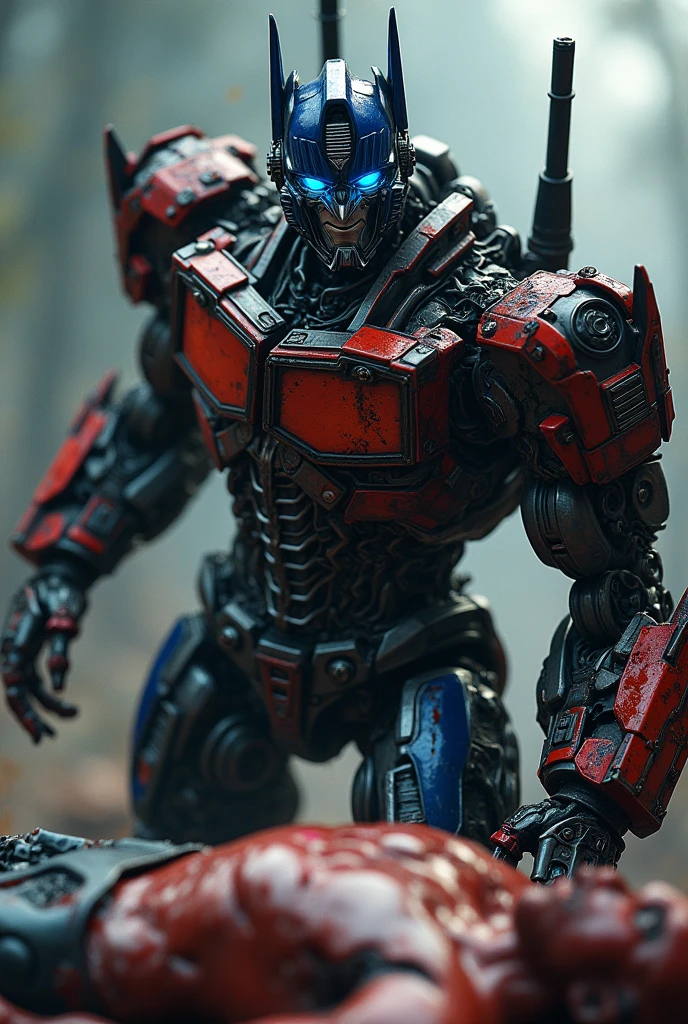 realistic, detailed, mechanical robot, Optimus Prime, transformers, detailed metallic body, glowing blue eyes, transforming, dynamic pose, battle-damaged, blood dripping, human body, dismembered, brutally killed, gore, dark and gritty, cinematic lighting, moody colors, dramatic composition, (best quality,4k,8k,highres,masterpiece:1.2),ultra-detailed,(realistic,photorealistic,photo-realistic:1.37)