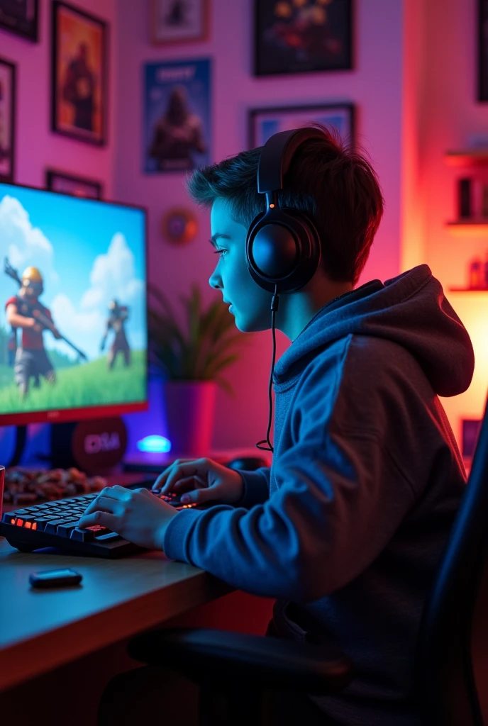 1. A young boy with headphones, intensely focused on his gaming setup, surrounded by posters of his favorite video games, snacks scattered around, and colorful LED lights illuminating the room as he battles online with friends.
2. A gamer boy showcasing his best gaming moment on a streaming platform, with his excitement palpable as he celebrates a hard-fought victory, vibrant chat reactions popping up on the screen behind him.
3. A talented young gamer practicing in a cozy room, determined expression on his face as he navigates through a challenging level, fingers flying over the keyboard, with a trophy shelf in the background.
4. A group of friends gathering at a boy's house for a gaming marathon, laughter and playful banter filling the air as they compete in a multiplayer tournament, snacks and energy drinks at the ready.
5. A boy dressed in a gaming hoodie, sitting outside with his laptop, playing his favorite game, while enjoying the fresh air, the sun setting in the background, creating a serene yet competitive atmosphere.