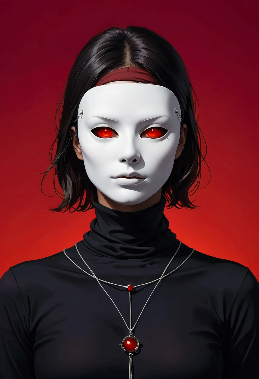 mug shot, portrait of a human wearing a black turtleneck and white glowing eyes mask with two long thin strings hanging from the top to bottom on both sides against a red background
