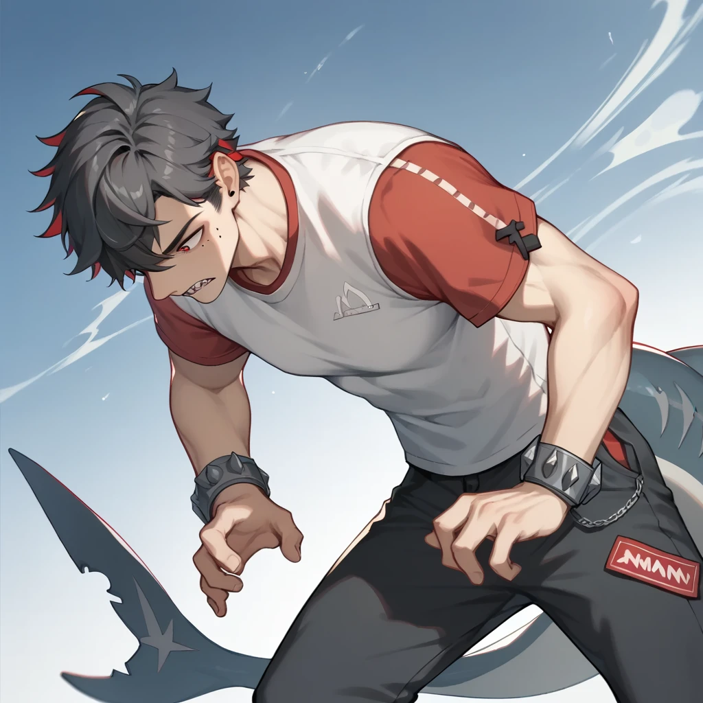 1 Boy,wrist_Iron buckle,fluffy_short_sleeve,mole_under_Eye,Black_Pants,Black and red_Suit,shark_Tail