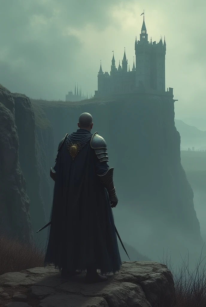 create a dark fantasy style image, it must contain a medieval knight with his back turned, looking at a huge castle in the distance. Between the knight and the castle, there is a big cliff