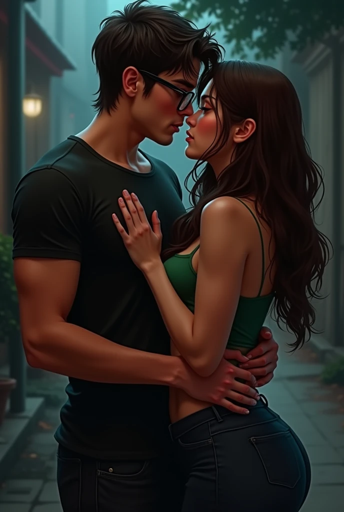 Brown haired girl, big boobies,
green and short blouse , big ass in pants hugging a boy with glasses and black hair in a black shirt, at night