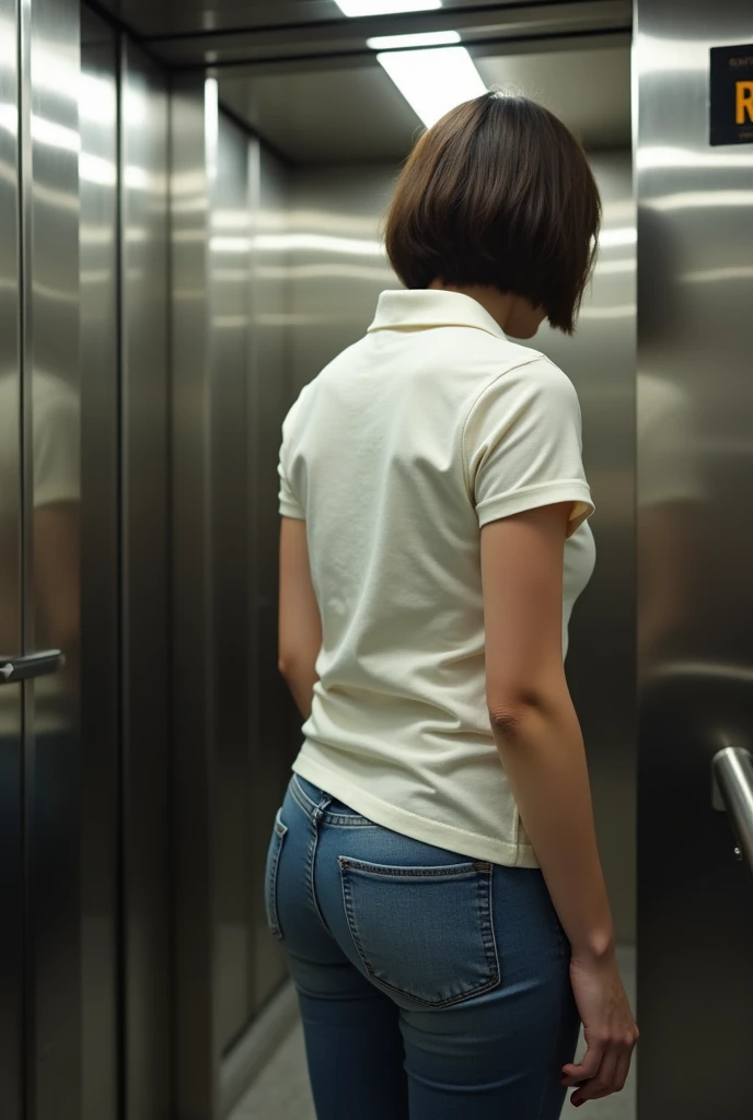 Crowded elevator　Up close　A Japanese woman has her buttocks touched by  boys　smile　Short Bob　20-year-old　Smaller head　A tightly fitted polo shirt　plump thighs　Large lower body　chubby hips　Slender upper body　Tight jeans that are clearly visible　Adult