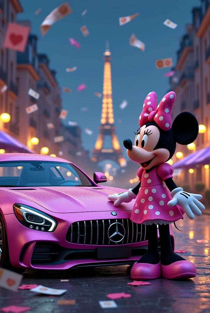 Medium pink Minnie Mouse in Paris at night with bills everywhere standing next to a medium size fuchsia Mercedes Benz car with glitter