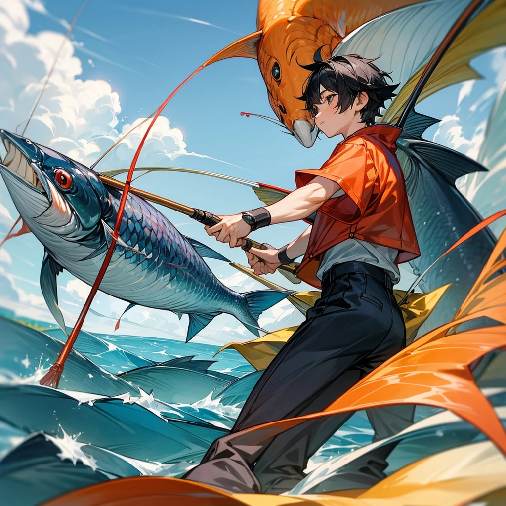 A short black haired boy wearing a fisherman outfit is fishing for a giant fish.