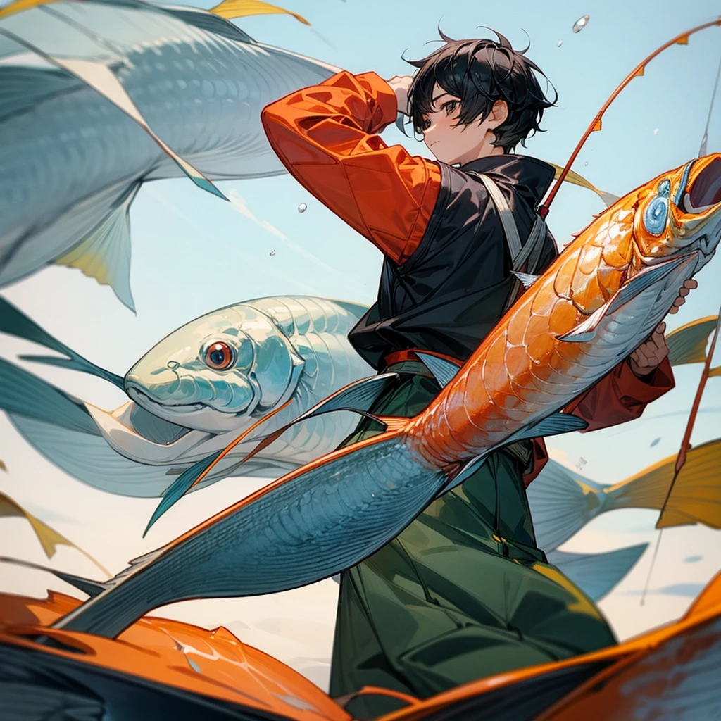 A short black haired boy wearing a fisherman outfit is fishing for a giant fish.