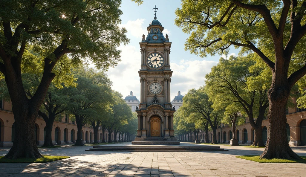 Imagine the scene of an ancient and peaceful square, with a giant clock in the center. This tower clock dominates the landscape, with a classic design and ornate bronze and gold details. The dial is large and well lit, with imposing hands that indicate the time precisely. The surrounding square is covered with stones and surrounded by ancient trees with leaves fluttering in the gentle wind.