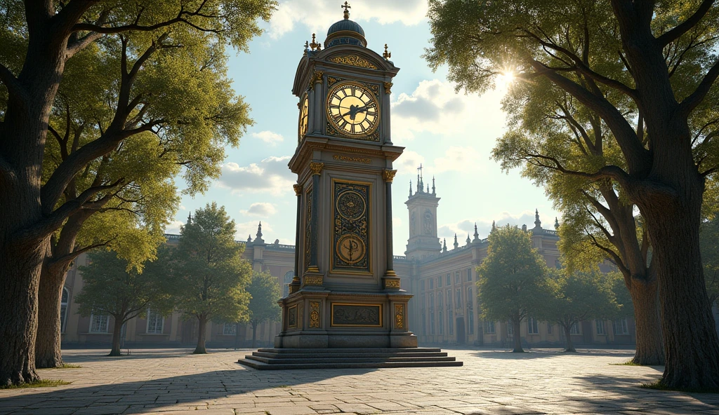 Imagine the scene of an ancient and peaceful square, with a giant clock in the center. This tower clock tes the landscape, with a classic design and ornate bronze and gold details. The dial is large and well lit, with imposing hands that indicate the time precisely. The surrounding square is covered with stones and surrounded by ancient trees with leaves fluttering in the gentle wind.