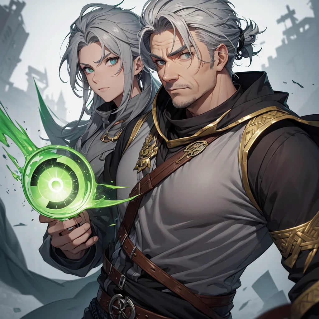 Middle aged man. eyeballs. greens. half gray hair the viking hairstyle style. Uses two short swords. Gray clothes with gold details 