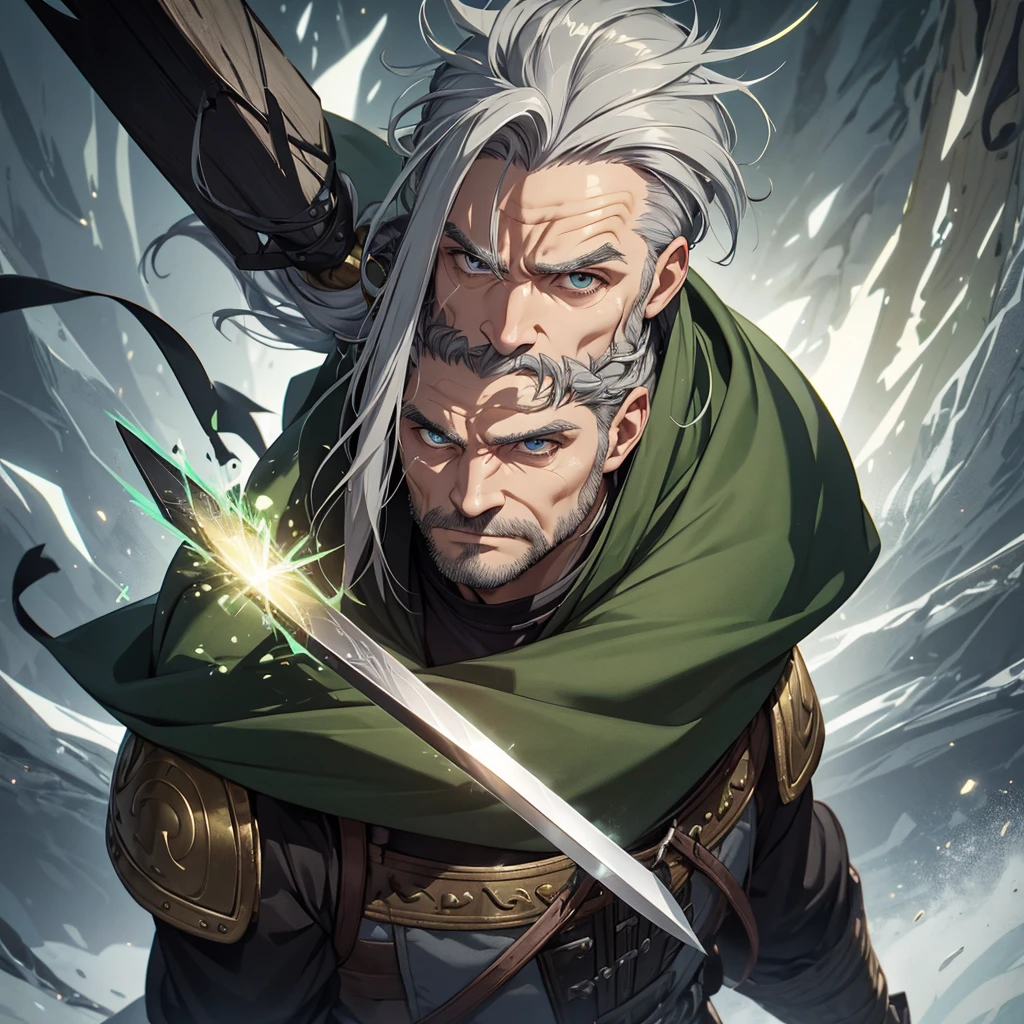 Middle aged man. eyeballs. greens. half gray hair the viking hairstyle style. Uses two short swords. Gray clothes with gold details 