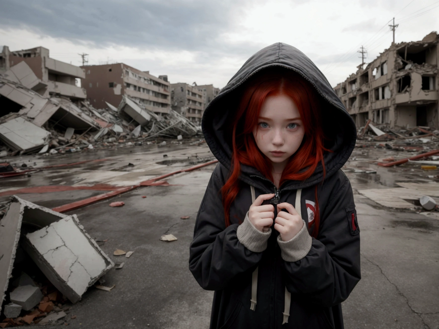 A red-haired girl in hooded clothing hiding her face in a destroyed city
