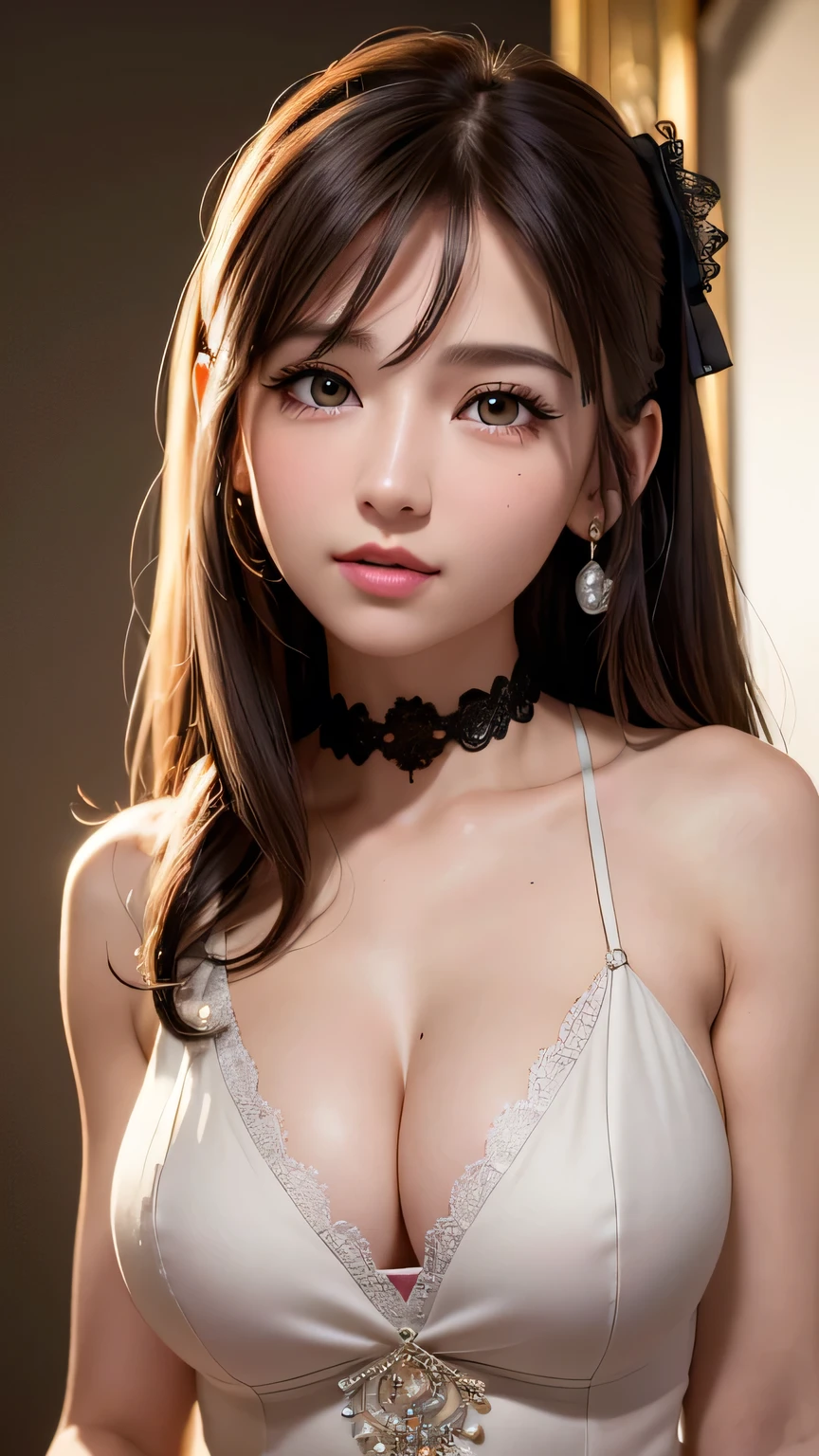 cute, ultra-detailed, figure, Complex, detailed, extremely detailed, detailed face, Soft Lighting, Soft Light, Soft Focus, Perfect Face, beautiful, Accurate anatomy, Exposure, 8k, 4K, (High resolution:1.1), Highest quality, (masterpiece:1.3), One girl, alone, jewelry, Brown eyes, View your viewers, Earrings, Grey Hair, bangs, choker, Mouth closed, Portraiture, clock, hair ornaments, Simple Background, Gray background, Long Hair, Headrest, lips, hair bow, black choker, bow, eyelash