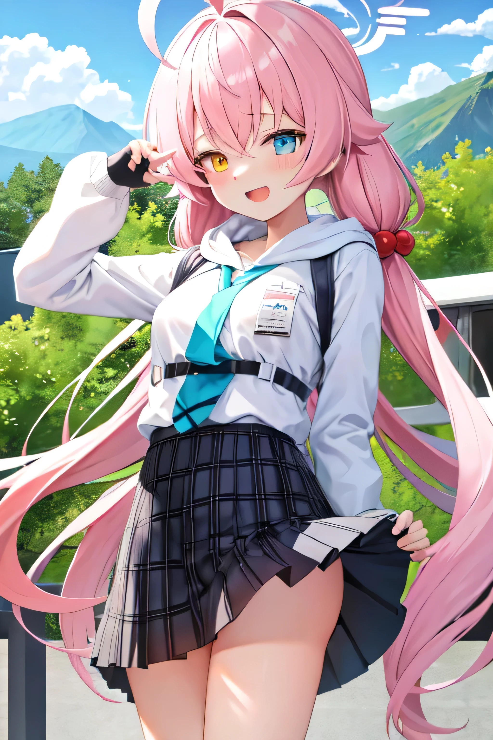 masterpiece, Highest quality, Very detailed, One Girl, Hoshino, White shirt, Pleated skirt, Embarrassing, Are standing,
Outdoor, hoodie, Dynamic pose