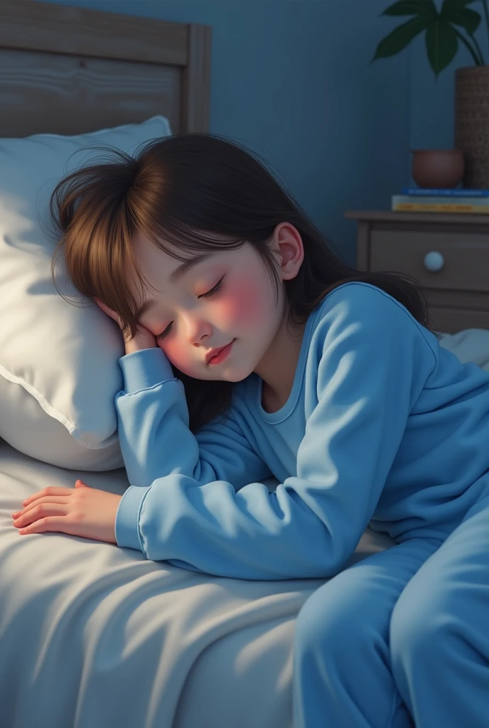Brown haired girl sleeping in blue long sleeve pajamas