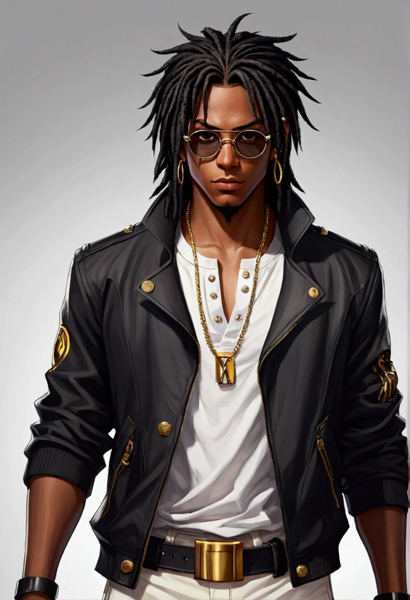 Dark-skinned young man with brown eyes and a black jacket., Black dreadlocks, Black prescription glasses, Hairstyle with dreadlocks, Black horns coming from head, in human style, colorful sketch, unrealistic character concept, Conceptual portrait of my character, подробный character portrait, anime style character, anime style portrait, character portrait, cel - shaded art style, His outfit consists of black, unbuttoned jacket with gold buttons on the front and bottom of the sleeves, he wears a white V-neck shirt., White pants, large black belt with gold buckle, smaller black belt, hanging from the side of her hip, and he's wearing beige shoes with black buckles, вдохновение King of Fighters potrait