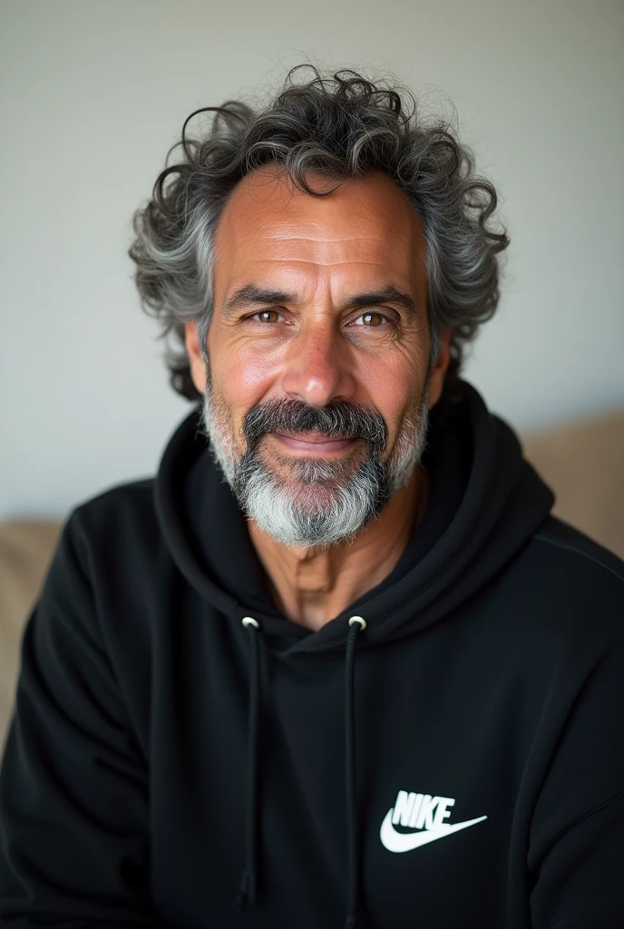 Image is a portrait-style photograph of a middle-aged man with a neutral expression. He has medium-length, curly gray hair and a full beard with a mix of gray and black hair. His skin tone is medium brown. He is wearing a black hoodie with a white Nike logo on the left side of the chest. The background is plain and light-colored, likely a wall, with a portion of a beige couch visible at the bottom of the frame. The lighting is soft and even, highlighting the details of his facial features and hair.