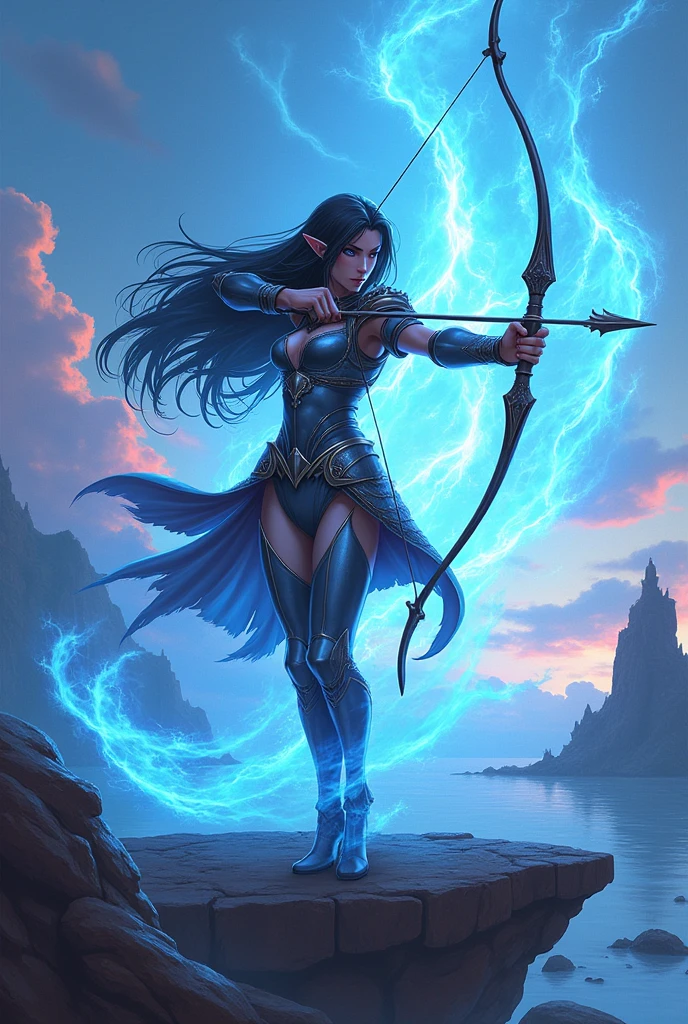 Woman, elfo,with Elice on the red floating coast, metal armor, blackquality hair, blue magic over the scenery. bow and arrow, アニメ