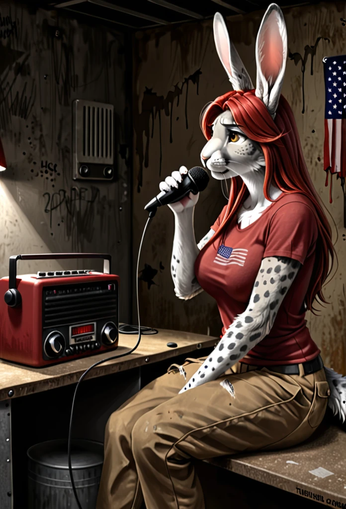 solo, (full body), furry, female, anthro, hare-bobcat hybrid, (((light gray spotted fur))), ((long rabbit ears)), ((feline snout)), ((golden brown eyes)), ((long crimson red hair)), (cat tail), (realistic fur body, realistic hair, realistic eyesj, tight red t-shirt, large E-cup size breasts, brown cargo pants, bunker, garage, sitting at a rustic radio console, microphone, dim lighting, tattered American flag on wall, From Side, tired, concerned, talking into microphone, (talking, talking expression)