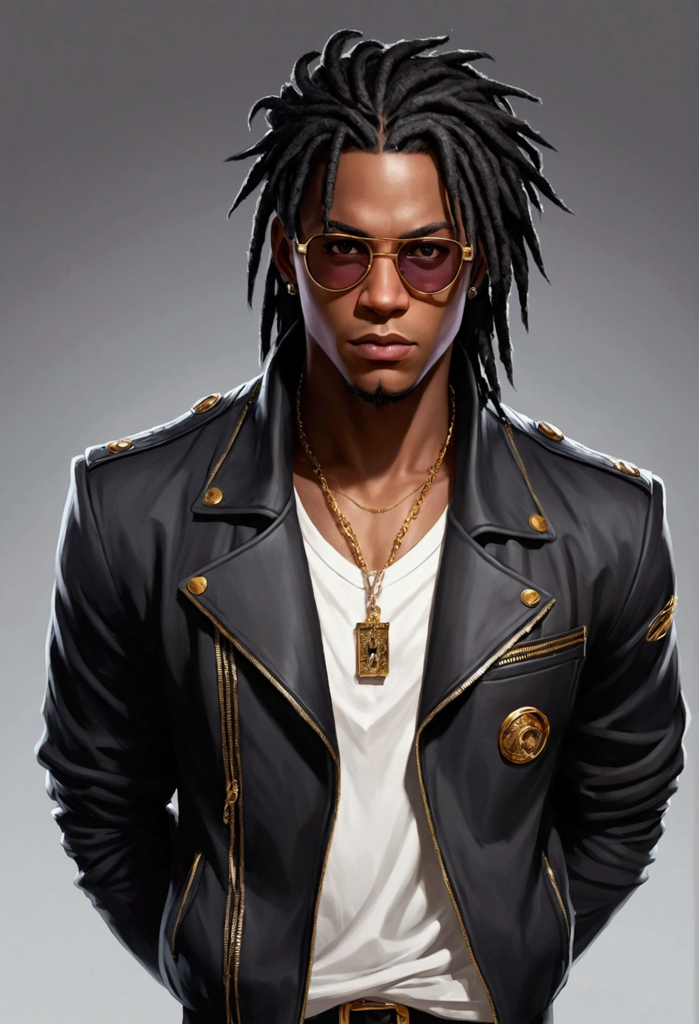 Dark-skinned young man with brown eyes and a black jacket., Black dreadlocks, Black prescription glasses, Hairstyle with dreadlocks, Black horns coming from head, in human style, colorful sketch, unrealistic character concept, Conceptual portrait of my character, подробный character portrait, anime style character, anime style portrait, character portrait, cel - shaded art style, His outfit consists of black, unbuttoned jacket with gold buttons on the front and bottom of the sleeves, he wears a white V-neck shirt., White pants, large black belt with gold buckle, smaller black belt, hanging from the side of her hip, and he's wearing beige shoes with black buckles, вдохновение King of Fighters potrait