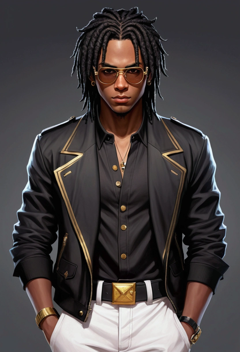 Dark-skinned young man with brown eyes and a black jacket., Black dreadlocks, Black prescription glasses, Hairstyle with dreadlocks, Black horns coming from head, in human style, colorful sketch, unrealistic character concept, Conceptual portrait of my character, подробный character portrait, anime style character, anime style portrait, character portrait, cel - shaded art style, His outfit consists of black, unbuttoned jacket with gold buttons on the front and bottom of the sleeves, he wears a white V-neck shirt., White pants, large black belt with gold buckle, smaller black belt, hanging from the side of her hip, and he's wearing beige shoes with black buckles, вдохновение King of Fighters potrait