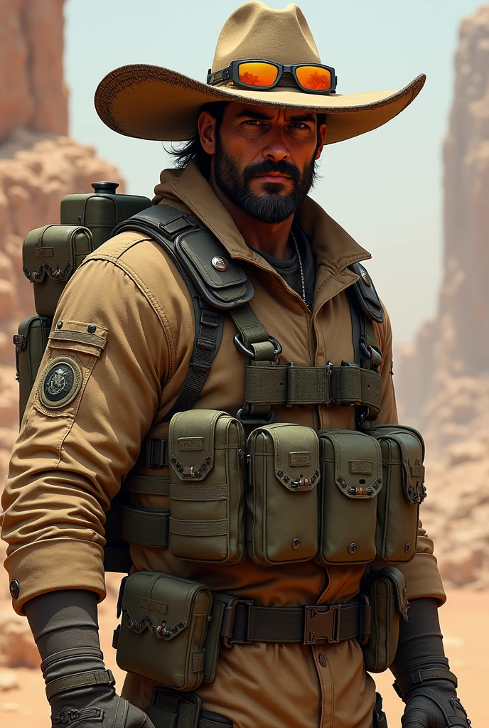 Draw the character Hank from the game Bloodstrike. His features are: -Goatee beard -Desert camouflage military suit -Mexican hat -Orange glasses -Good physical appearance

