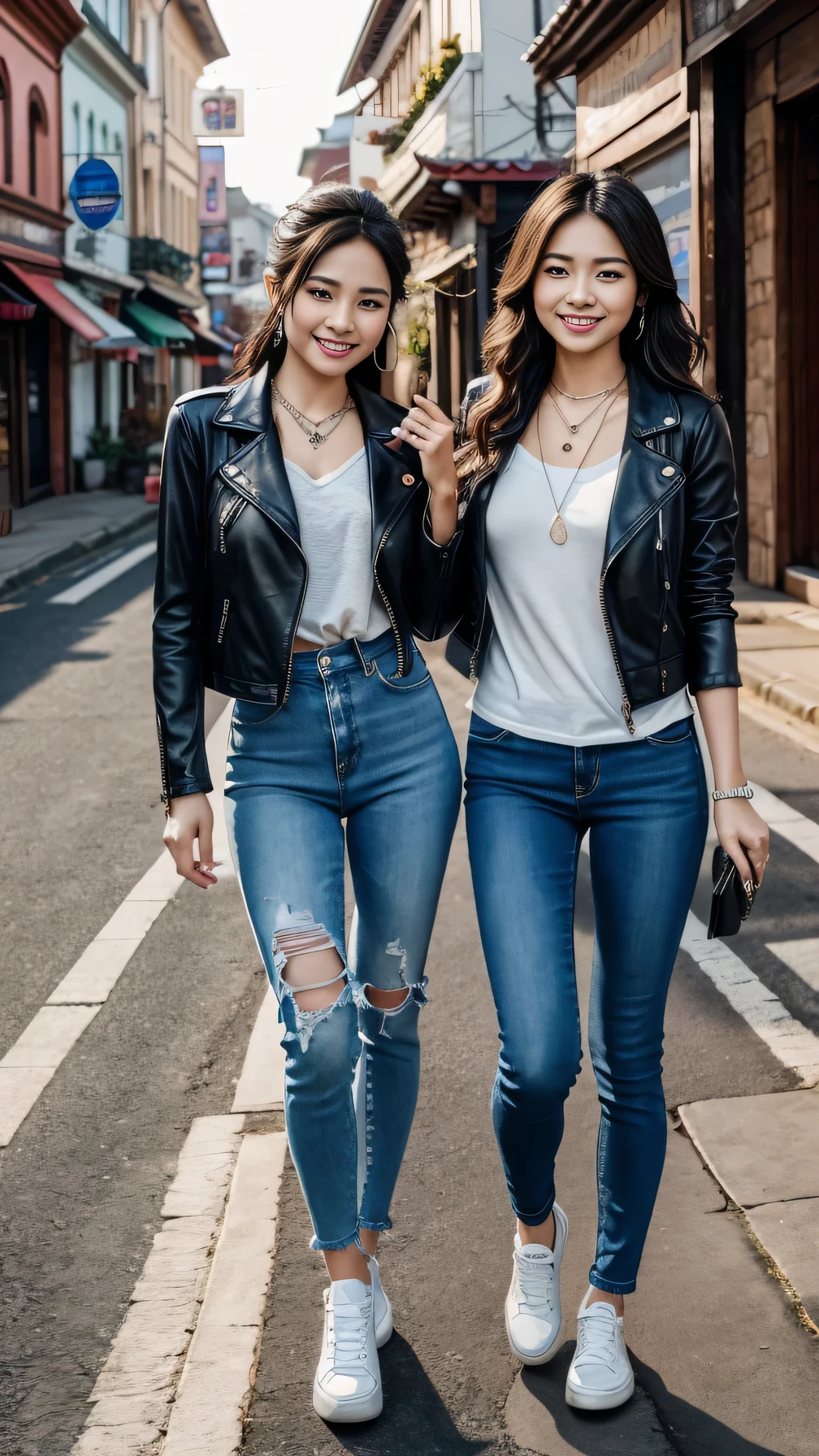8k wallpaper, Two beautiful Thai women、Full body photo、Standing woman、、leather jacket、shirt、Skinny jeans、sneakers、Necklace around the neck、 Wavy Hair、、ear piercing、smile、Beautiful teeth alignment、The background is a town street、it's raining