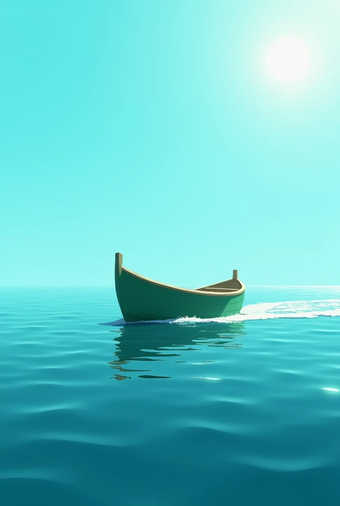A green boat sailing in the middle of the sea with a clear and calm sky, it is day