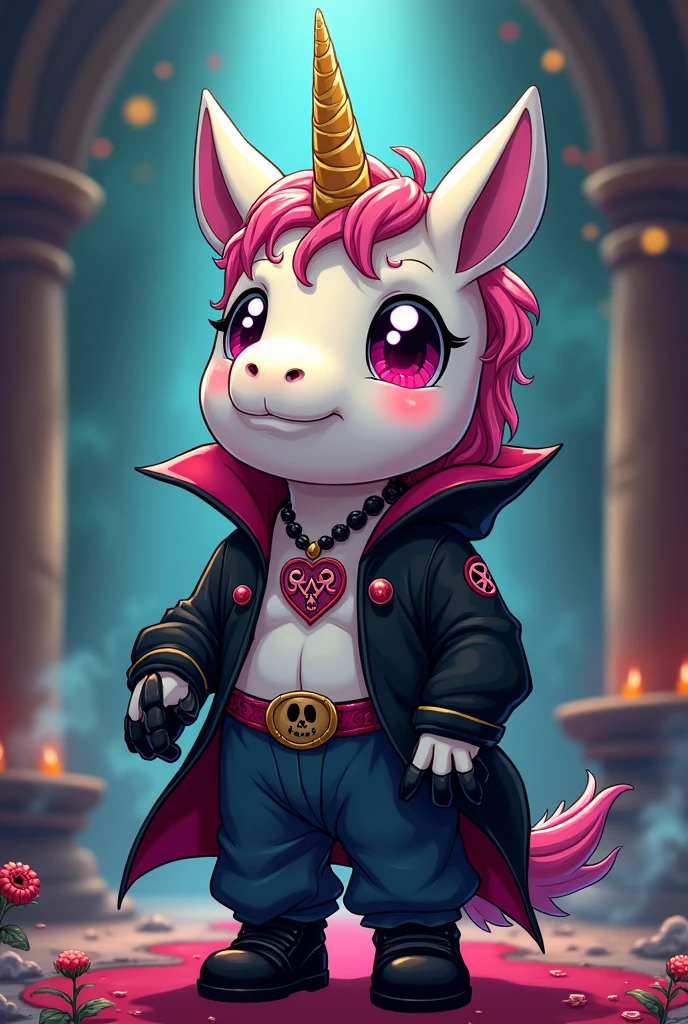 Create a cute plush humanoid demonic unicorn, wearing an alucard van hellsing style suit Devil Mau Cry full of skulls, wearing baggy pants, wearing black gloves with a pentagram, wearing a black boot, tattoos on body, black jewelry, full of anxiety on the tele finger, background image a wizard&#39;hall, Adventure Time style drawing
