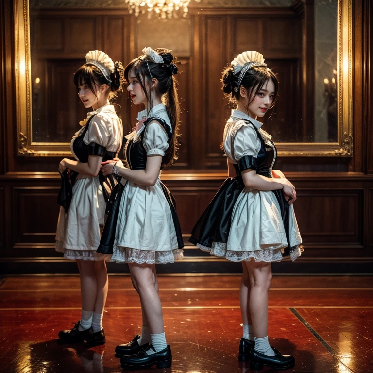 SFW, (Extremely Detailed((Kawaii Maid Group in a row:1.37))), Childish perfect face, Reflective Eyes, Detailed(Delicate Clothing textures), Dynamic Joyful Expressions LifeLike Rendering, (Specular Reflection:0.2), TopQuality 8K Ultra-detailed masterpiece (ProfessionalPhoto:1.37), (Acutance:0.8), (Luminism:1.28), (Renaissance art style), (Light particles:0.75), (Muscle:-0.5), ((Full body from side))