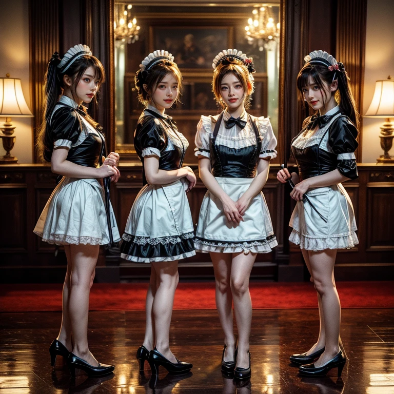 (Extremely Detailed((Kawaii Maid Group in a row:1.37))), Childish perfect face, Reflective Eyes, Detailed(Delicate Clothing textures), Dynamic Joyful Expressions LifeLike Rendering, (Specular Reflection:1.2), TopQuality 8K Ultra-detailed masterpiece (ProfessionalPhoto:1.37), (Acutance:0.8), (Luminism:1.28), (Renaissance art style), (Light particles:0.75), (Muscle:-0.5), ((Full body from side)), SkirtLift (Show white panties), glossy floor