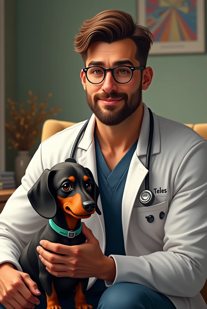 A 28-year-old male doctor, with a strong build and round face. Brown hair and brown beard. Make sure to include round prescription glasses.dressed in a doctor&#39;s coat, embroidered your name Teles. 
On your lap your Dachshund dog, blackw, which is a breed with an elongated body and short legs. Include a name collar "Mailon".